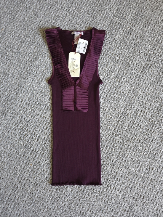 Salomay Tops - Salomay Silk Stretchy Burgundy Tank with Ruffle Trim